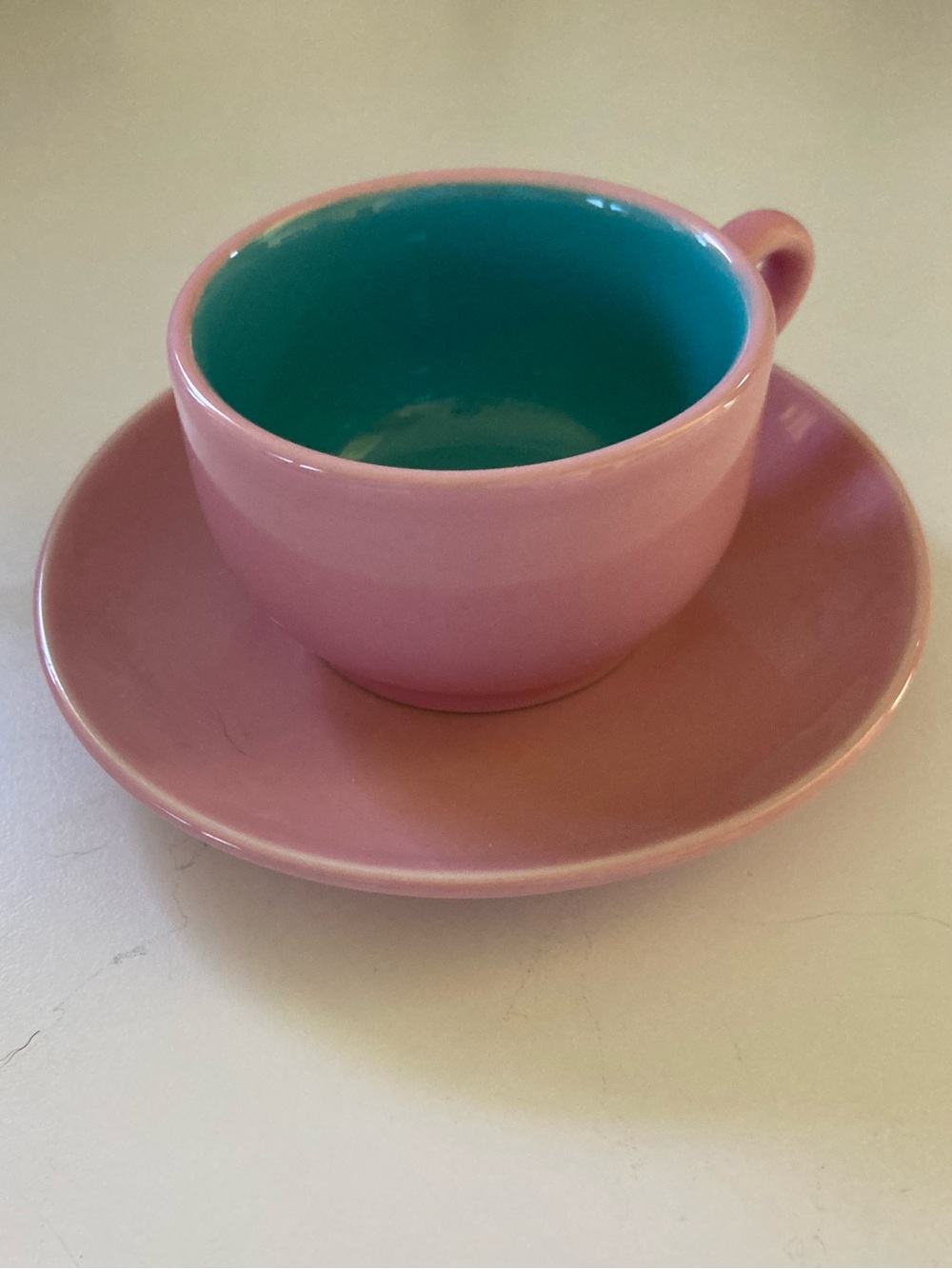 Pink & Teal Ceramic Teacup with Saucer